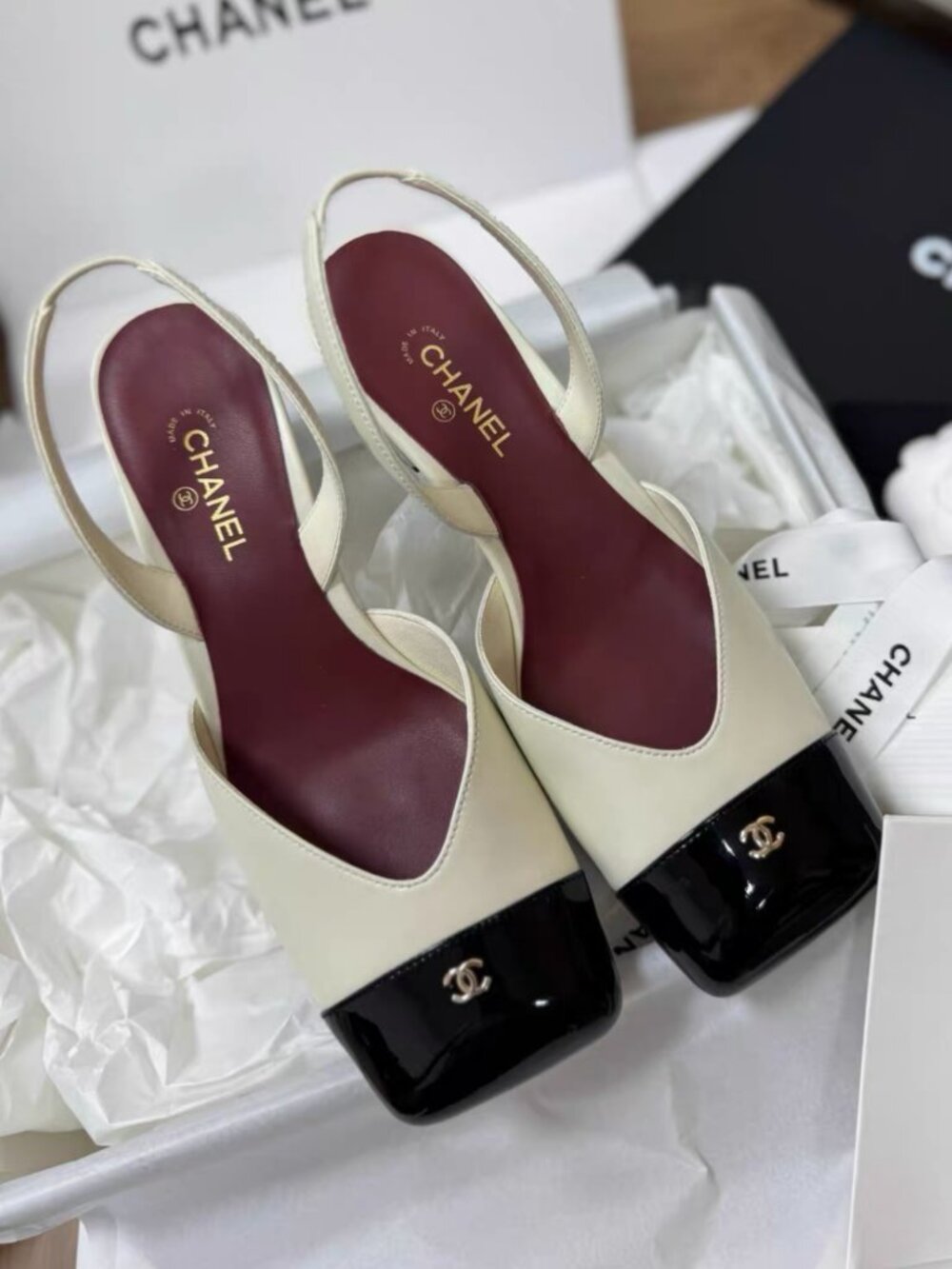Chanel Bicolor CC Logo Slingback Block Heel Sandals